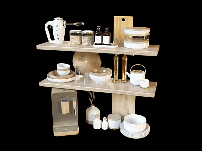 Modern Kitchenware Display Shelf With Coffee Pot Bowls Jars Cutting Board And Coffee Machine 3d model