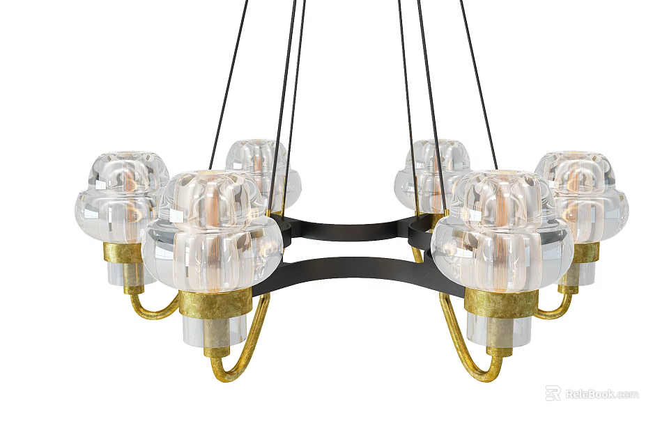 Modern Chandelier With Transparent Glass Shades And Gold Black Metal Hanging Design 3d model 
