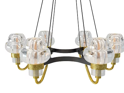 Modern Chandelier With Transparent Glass Shades And Gold Black Metal Hanging Design 3d model