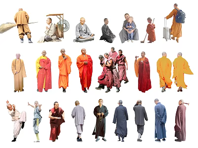Group of Monks in Various Poses with Different Colored Traditional Robes 3d model