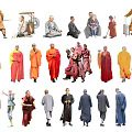 Group of Monks in Various Poses with Different Colored Traditional Robes