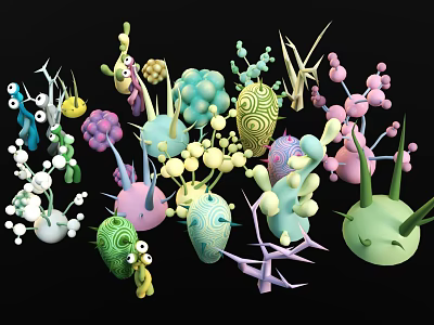 Colorful Abstract Biomorphic Structures Featuring Various Shapes Vibrant Colors And Branch Like Appendages 3d model