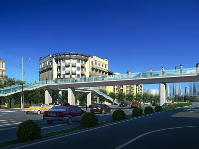 Glass Pedestrian Bridge With People Walking Over Road And Surrounding Buildings 3d model
