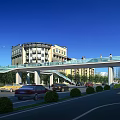 Glass Pedestrian Bridge With People Walking Over Road And Surrounding Buildings