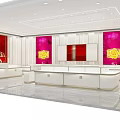 Luxury Jewelry Store Interior With Red Accent Walls Display Cases And Chandeliers