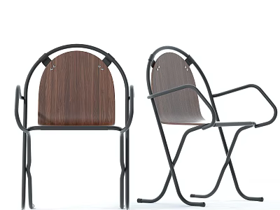 Folding Leisure Chair With Wooden Backrest Seat And Black Metal Frame 3d model