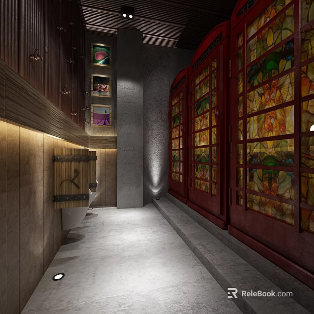 Public Restroom Interior With Red Doors Stained Glass Windows And Wooden Cabinets 3d model 