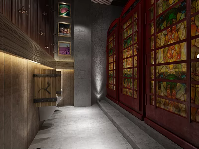 Public Restroom Interior With Red Doors Stained Glass Windows And Wooden Cabinets 3d model