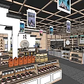 Supermarket Department Store with Hanging Banners Shelves of Snacks and Daily Necessities