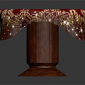 Red Round Tablecloth With Golden Patterns And Sparkling Decorations On Wooden Table