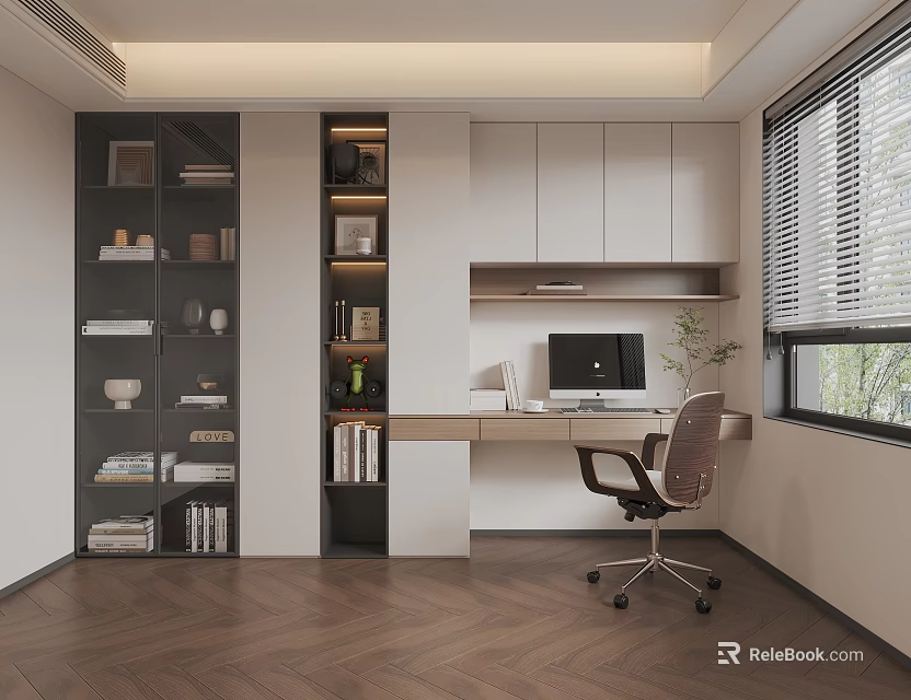 Modern Home Office Interior With Wooden Desk Computer Bookshelves And Office Chair 3d model 