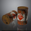 Old Rusty Barrels With Flammable Labels And Red Hazard Symbols On Dark Reflective Surface