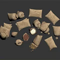 Burlap Storage Bags With Soybeans And White Powder Container For Food