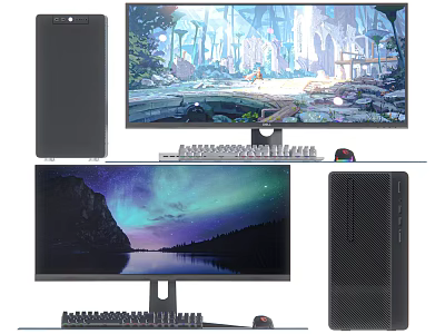 Modern Desktop Setup Featuring Monitor Tower Keyboard Mouse And Scenic 3d model