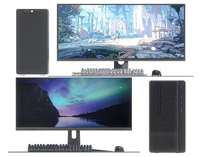 Modern Desktop Setup Featuring Monitor Tower Keyboard Mouse And Scenic 3d model