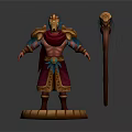 Mythical Character With Golden Armor Red Cape Blue Accents And Red Scepter With Golden Top