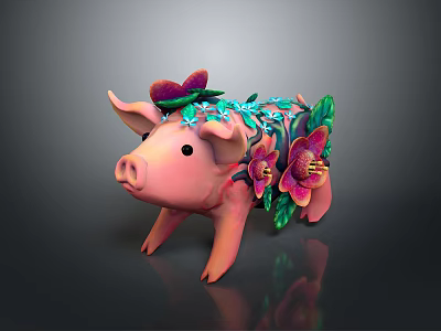 Decorative Pink Pig Figurine Adorned With Purple Flowers And Green Leaves 3d model