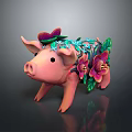 Decorative Pink Pig Figurine Adorned With Purple Flowers And Green Leaves