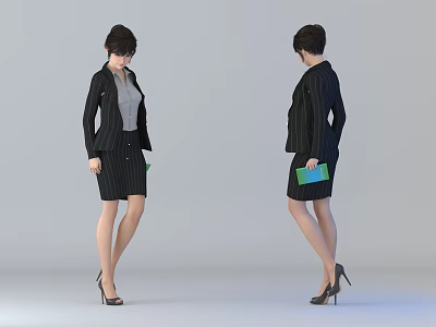Businesswoman In Black Striped Suit Gray Top Green Folder And High Heels Two Views 3d model