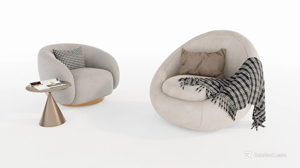 Modern Light Gray Single Sofa With Round Design Cushions And Throw Blanket 3d model