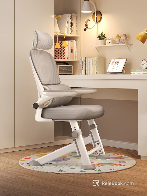 Modern Desk And Chair Set For Home Office Study Space With Tablet Bookshelf And Clock 3d model 