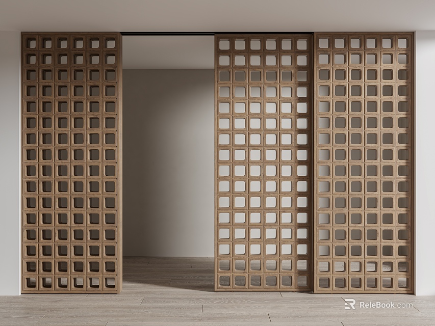 Wooden Room Divider With Square Grid Pattern In Modern Home Interior 3d model 