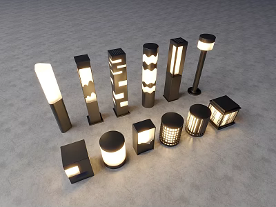 Outdoor Lights with Various Designs Columnar Square Round Shapes and Illuminated Black White Colors 3d model