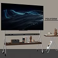 Contemporary TV Setup on Wooden Wheel Stand with Radio Books Decorations and POLIFORM Accent Table