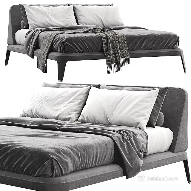 Modern Minimalist Double Bed with Linen Bedding Gray Frame and White Pillows 3d model