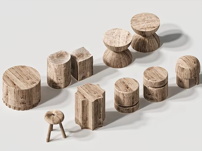 Display of Various Natural Wooden Stools with Different Shapes and Styles 3d model