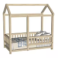 Wooden House Shaped Children's Bed with Roof Design Guardrails and Soft Bedding