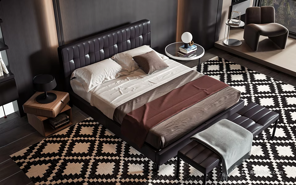 Double Bed With Button Tufted Black Leather Headboard White Pillows Brown Blanket And Bed Bench 3d model 