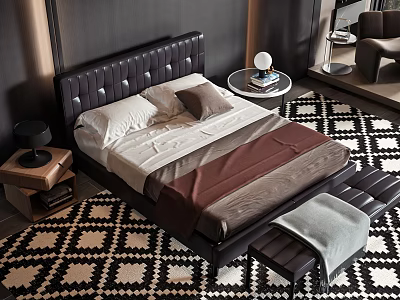 Double Bed With Button Tufted Black Leather Headboard White Pillows Brown Blanket And Bed Bench 3d model