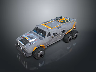 Gray and Orange Six Wheeled Off Road Vehicle with Futuristic Design and Roof Mounted Equipment 3d model
