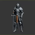 Man in Shiny Silver Knight Armor Standing with Long Sword on Gray Background