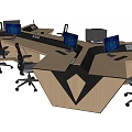 Modern Office Desk With Wooden Surface Multiple Monitors And Ergonomic Chairs
