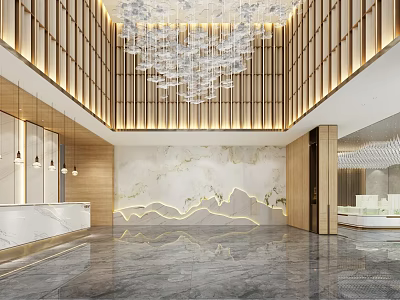 Luxurious Modern Sales Office Lobby With Crystal Chandelier Marble Wall Landscape Pattern And Wooden Grilles 3d model