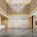 Luxurious Modern Sales Office Lobby With Crystal Chandelier Marble Wall Landscape Pattern And Wooden Grilles