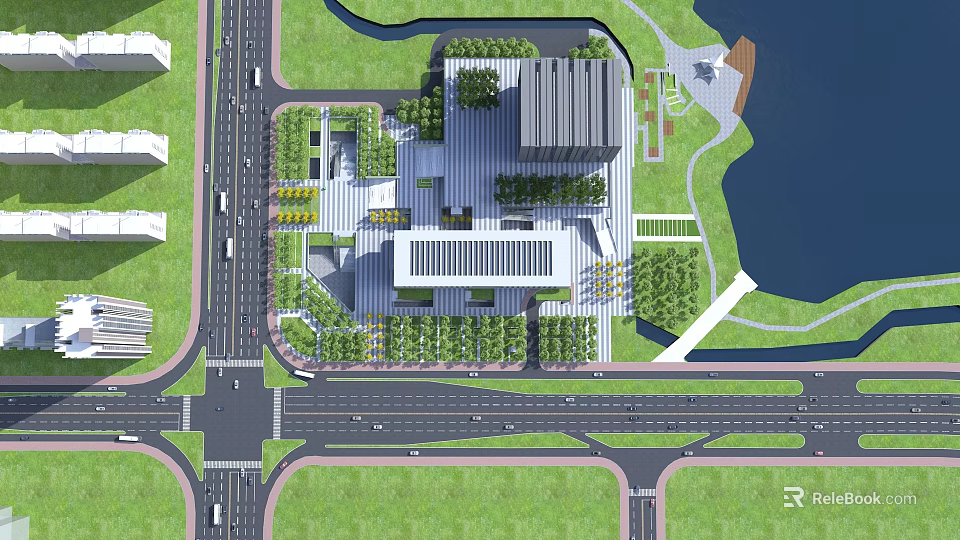 Aerial View Urban Planning with Modern Buildings Road Network Green Spaces and Water Area 3d model 
