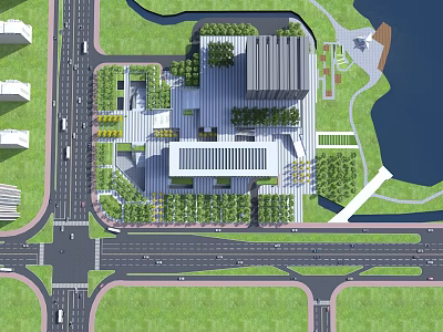 Aerial View Urban Planning with Modern Buildings Road Network Green Spaces and Water Area 3d model