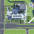 Aerial View Urban Planning with Modern Buildings Road Network Green Spaces and Water Area