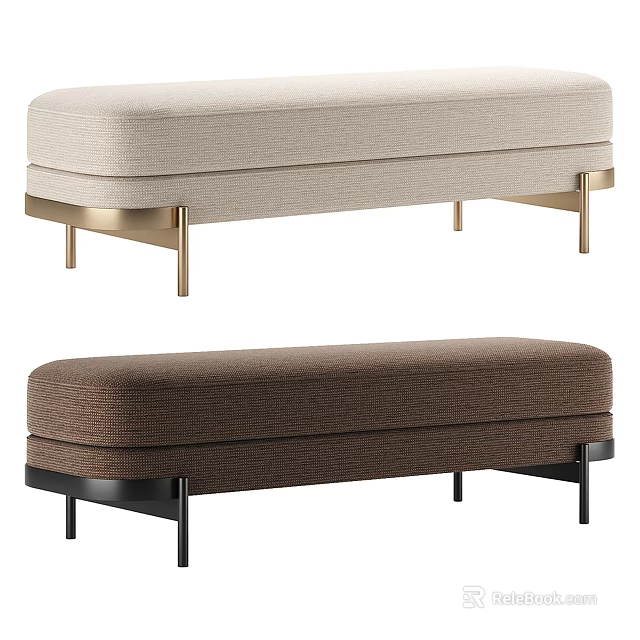 Two Modern Upholstered Benches Light Beige With Gold Legs And Dark Brown With Black Legs 3d model 