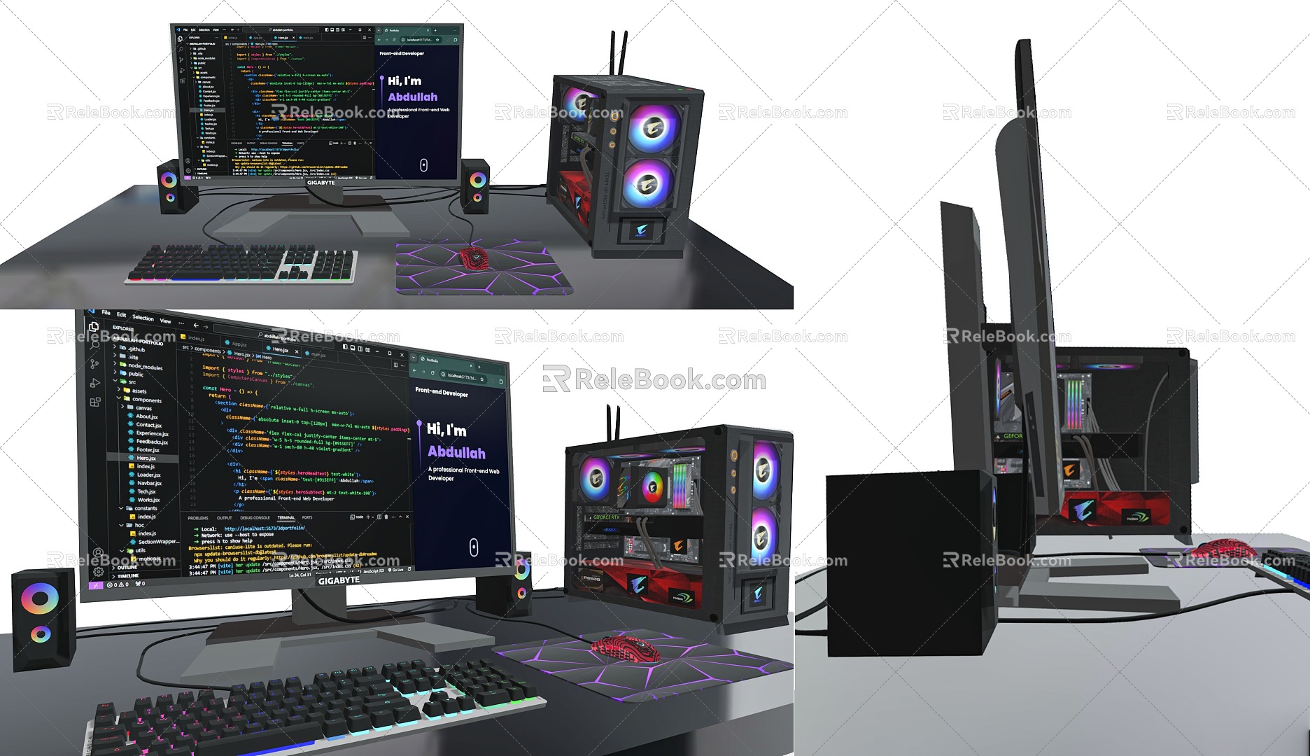 Modern desk computer case monitor neon lamp computer case mouse keyboard computer sound color computer graphics monitor programmer computer desktop 3d model