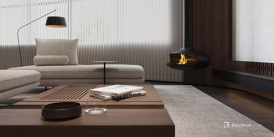 Modern Living and Dining Room Interior With Sofa Coffee Table Fireplace And Window 3d model 