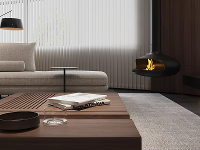 Modern Living and Dining Room Interior With Sofa Coffee Table Fireplace And Window 3d model