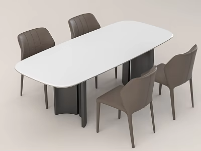 Modern Dining Table Set With White Oval Table And Four Brown Chairs 3d model