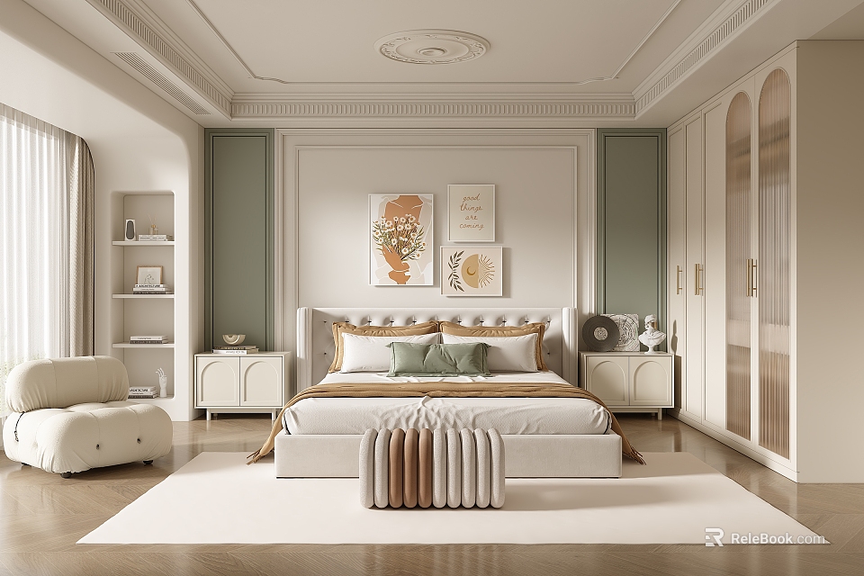 Elegant Bedroom Interior Design With Soft Tones Bed Decorative Paintings And Wardrobes 3d model 