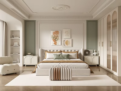 French Cream Style Home Bedroom Master Bedroom Fabric Double Bed Master Room Bedside Cabinet Wardrobe Casual Sofa Chair 3d model