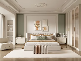 French Cream Style Home Bedroom Master Bedroom Fabric Double Bed Master Room Bedside Cabinet Wardrobe Casual Sofa Chair 3d model