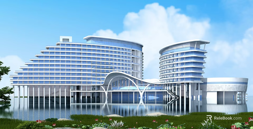 Modern Office Building Featuring Curved Glass Facade Water Pool Green Landscape Flowers and Blue Sky 3d model 